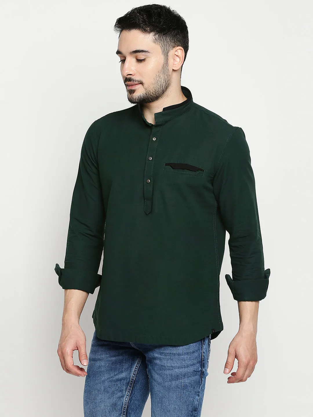 Spykar Bottle Green Cotton Full Sleeve Plain Kurta For Men