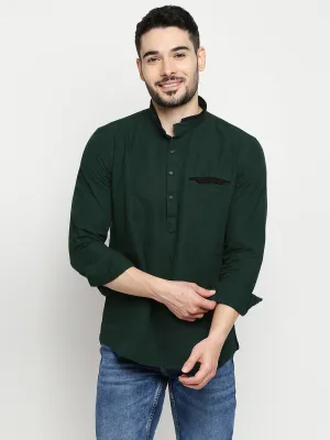 Spykar Bottle Green Cotton Full Sleeve Plain Kurta For Men