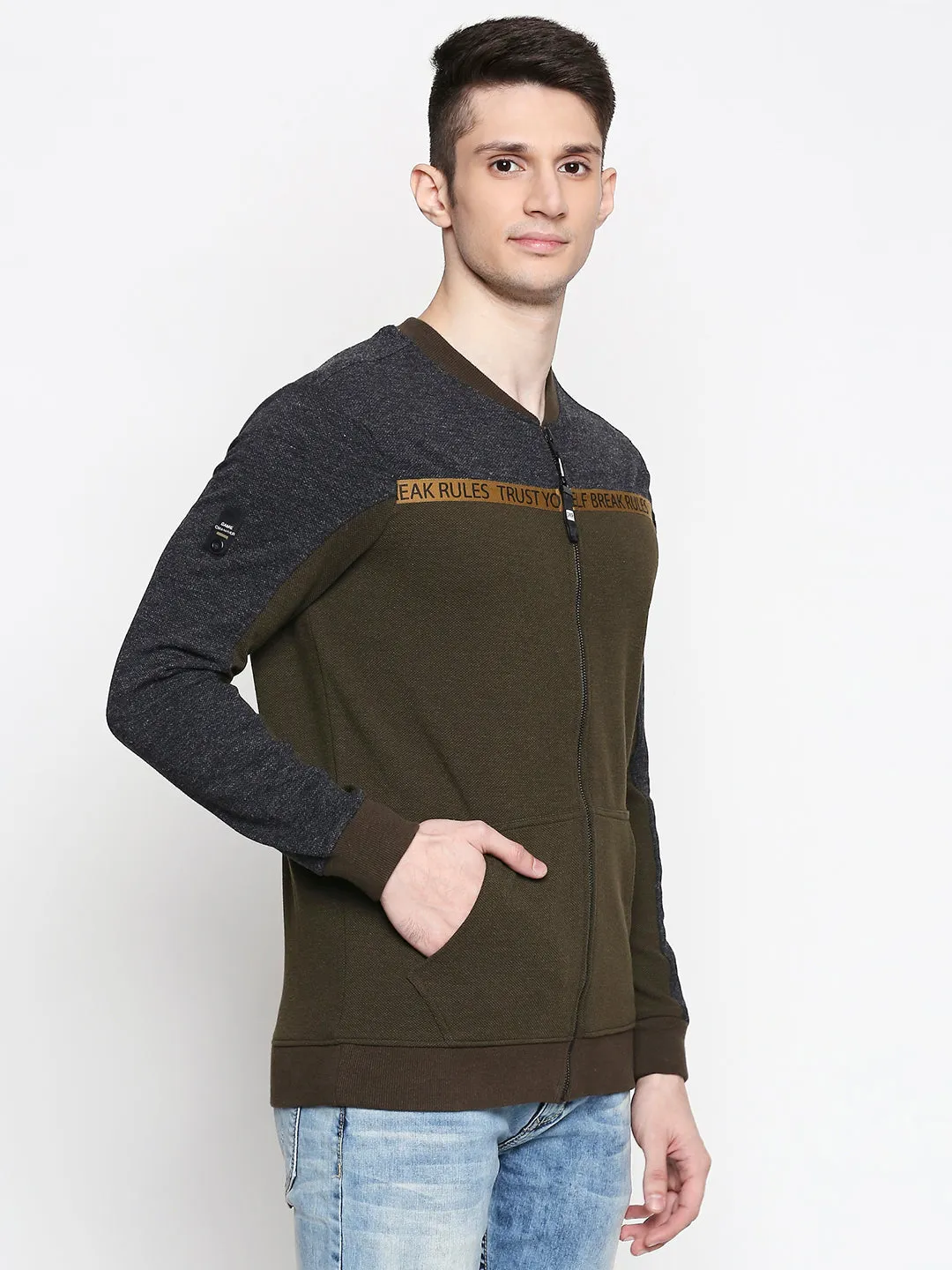 Spykar Cotton Blend Green Sweatshirt For Mens