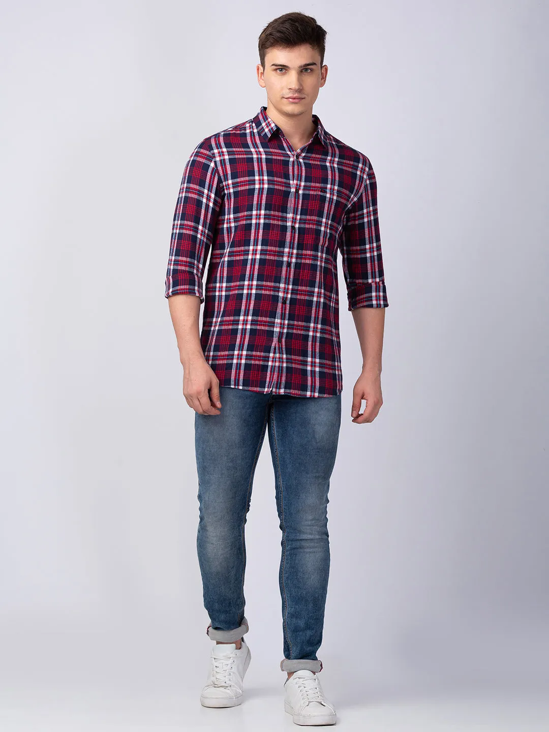 Spykar Men Deep Red Cotton Slim Fit Checkered Shirt