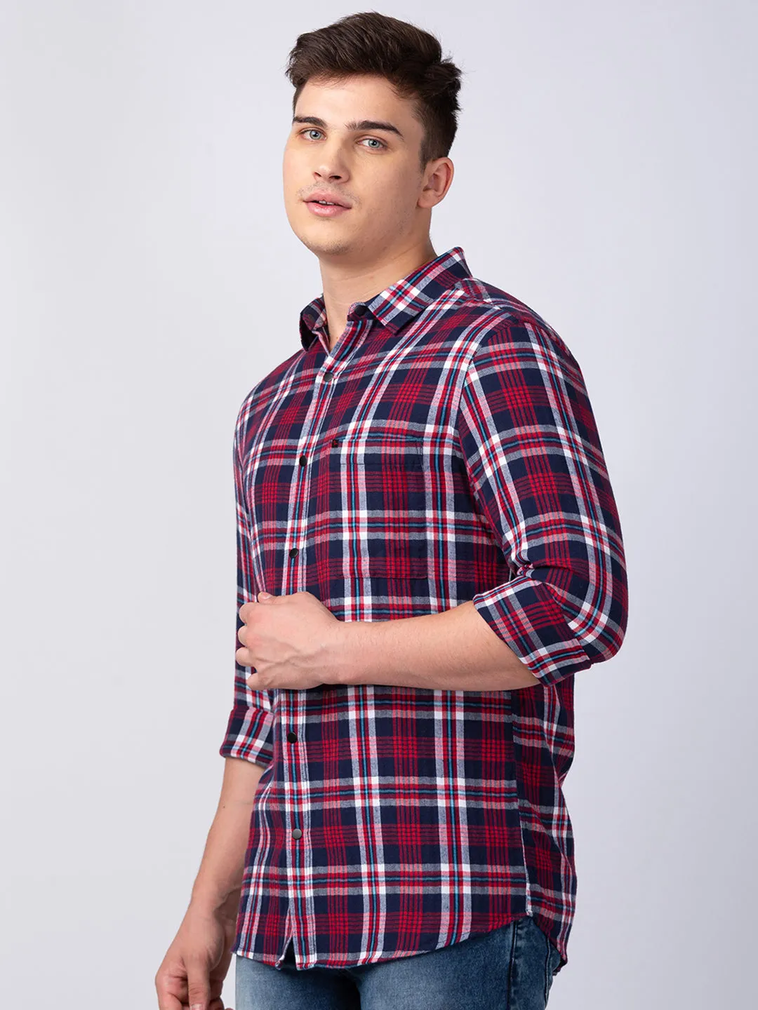 Spykar Men Deep Red Cotton Slim Fit Checkered Shirt