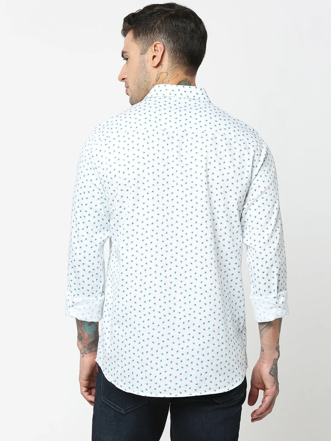 Spykar Men Green & White Cotton Slim Fit Printed Shirts