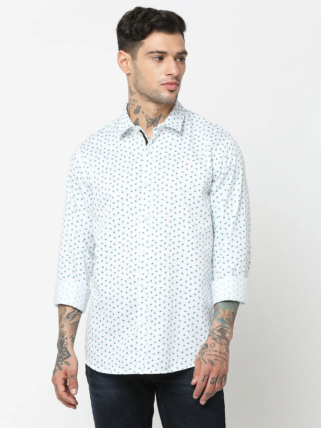 Spykar Men Green & White Cotton Slim Fit Printed Shirts