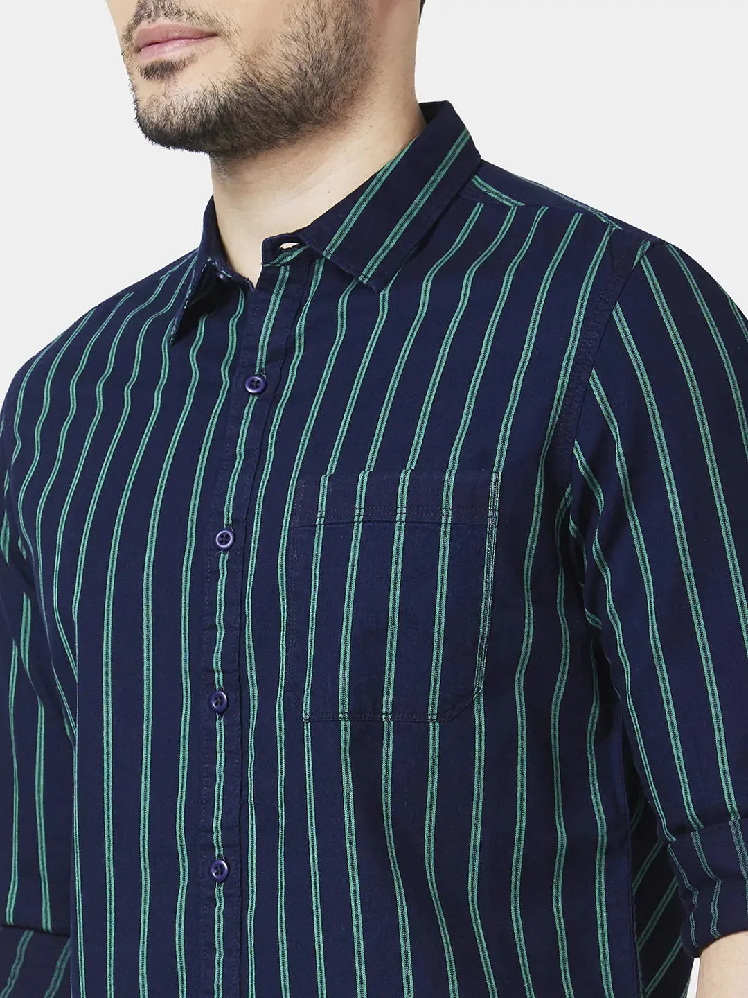 Spykar Men Jade Green Cotton Slim Fit Full Sleeve Striped Shirt