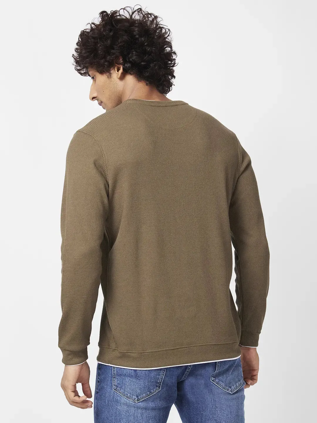 Spykar Men Military Green Blended Slim Fit Full Sleeve Round Neck Plain Sweatshirt