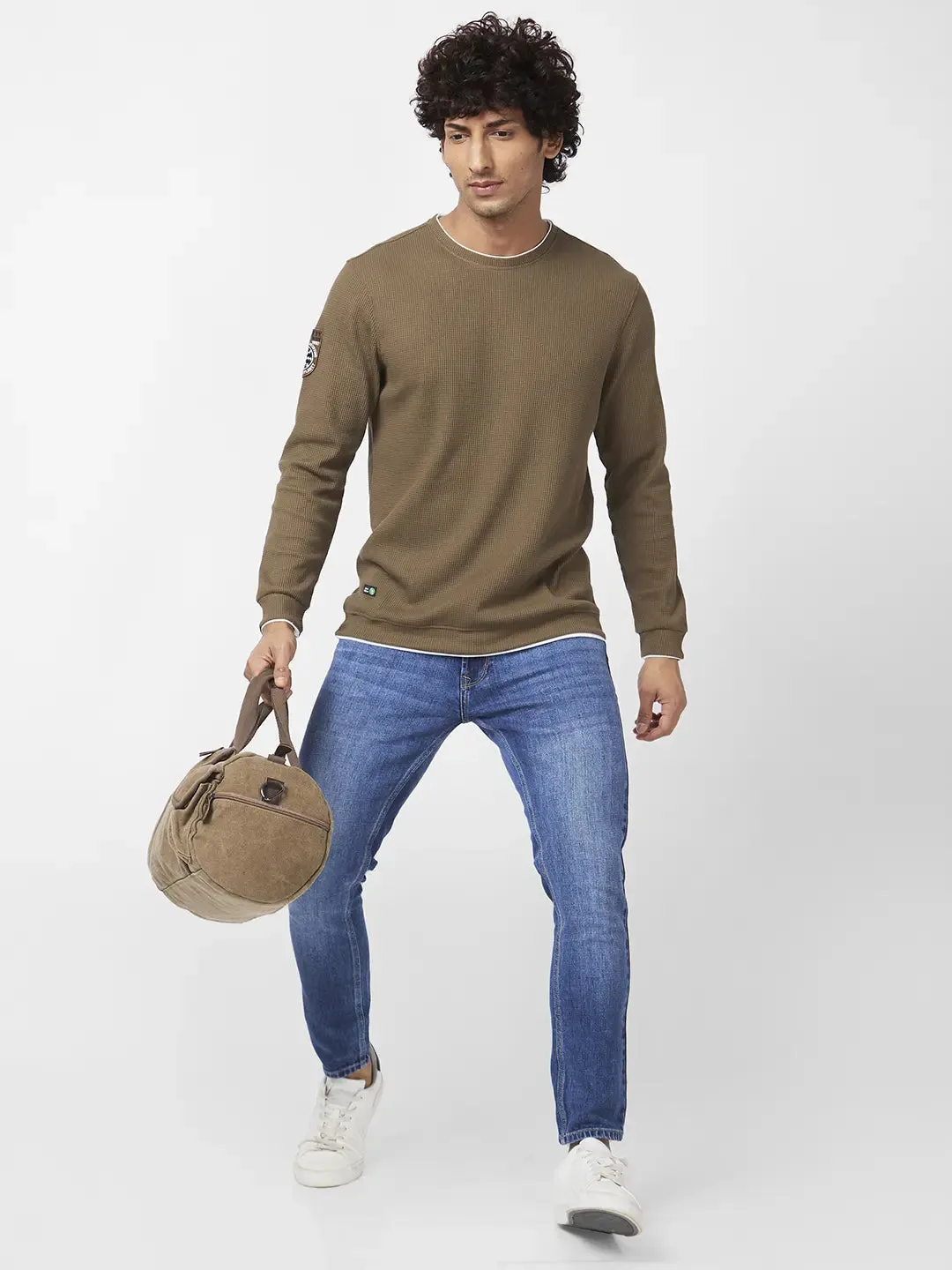 Spykar Men Military Green Blended Slim Fit Full Sleeve Round Neck Plain Sweatshirt