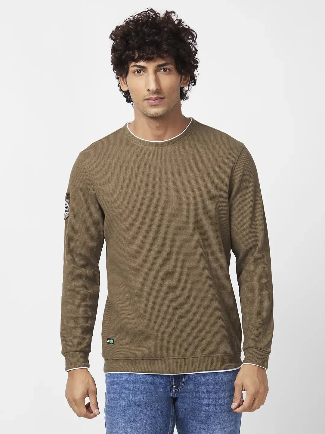 Spykar Men Military Green Blended Slim Fit Full Sleeve Round Neck Plain Sweatshirt