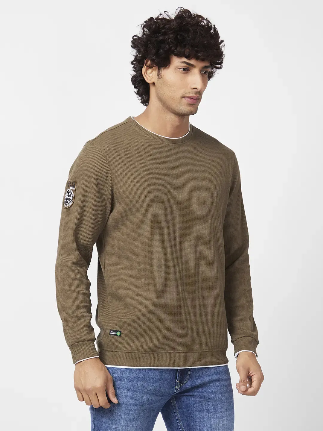 Spykar Men Military Green Blended Slim Fit Full Sleeve Round Neck Plain Sweatshirt