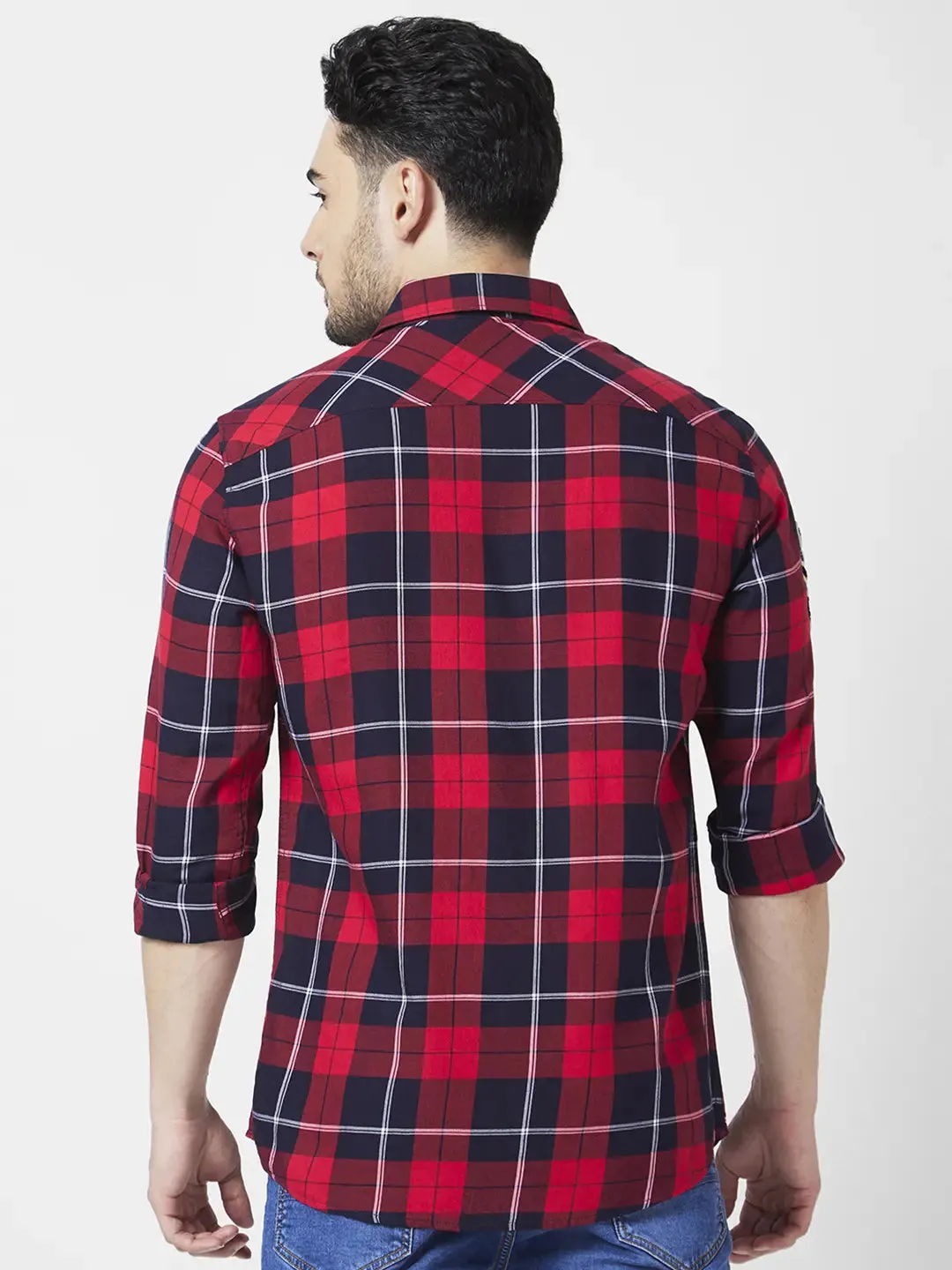 Spykar Men Red Cotton Regular Slim Fit Full Sleeve Checkered Shirt