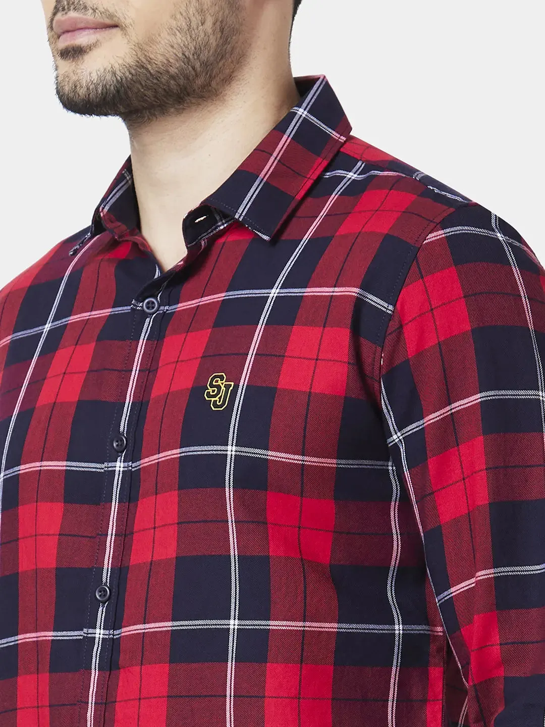 Spykar Men Red Cotton Regular Slim Fit Full Sleeve Checkered Shirt