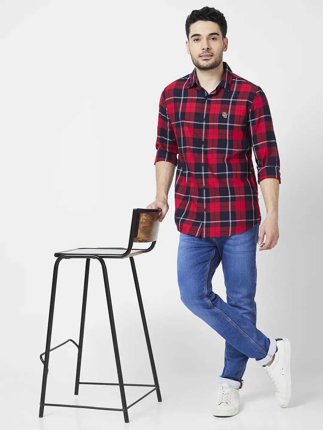 Spykar Men Red Cotton Regular Slim Fit Full Sleeve Checkered Shirt