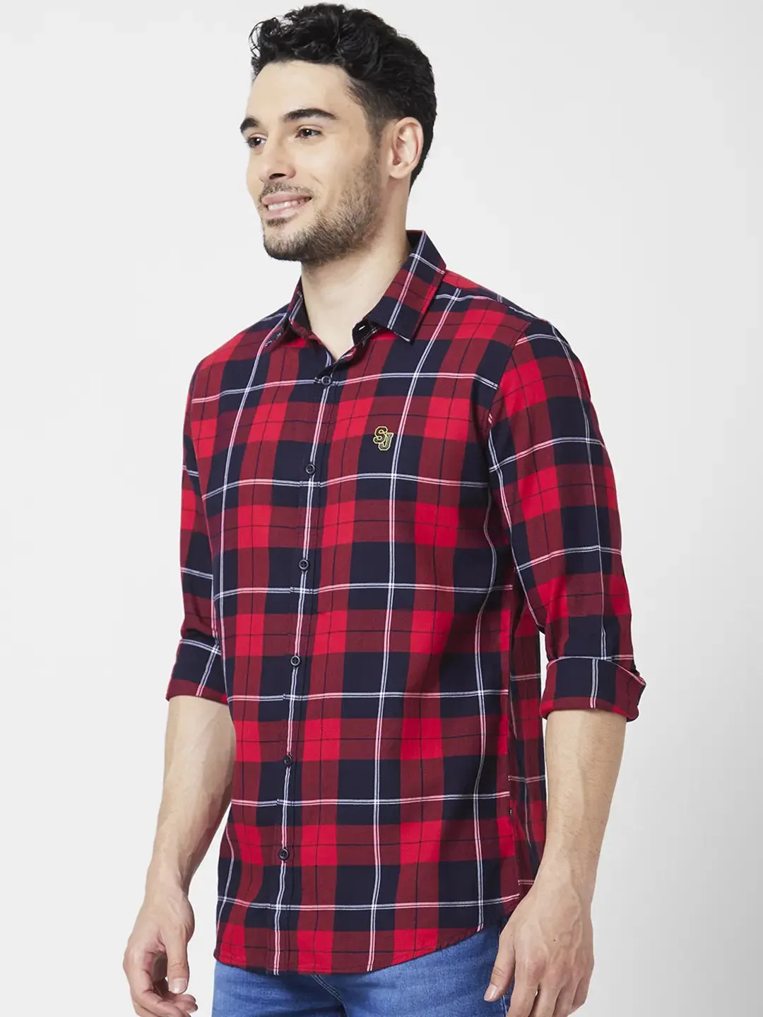 Spykar Men Red Cotton Regular Slim Fit Full Sleeve Checkered Shirt