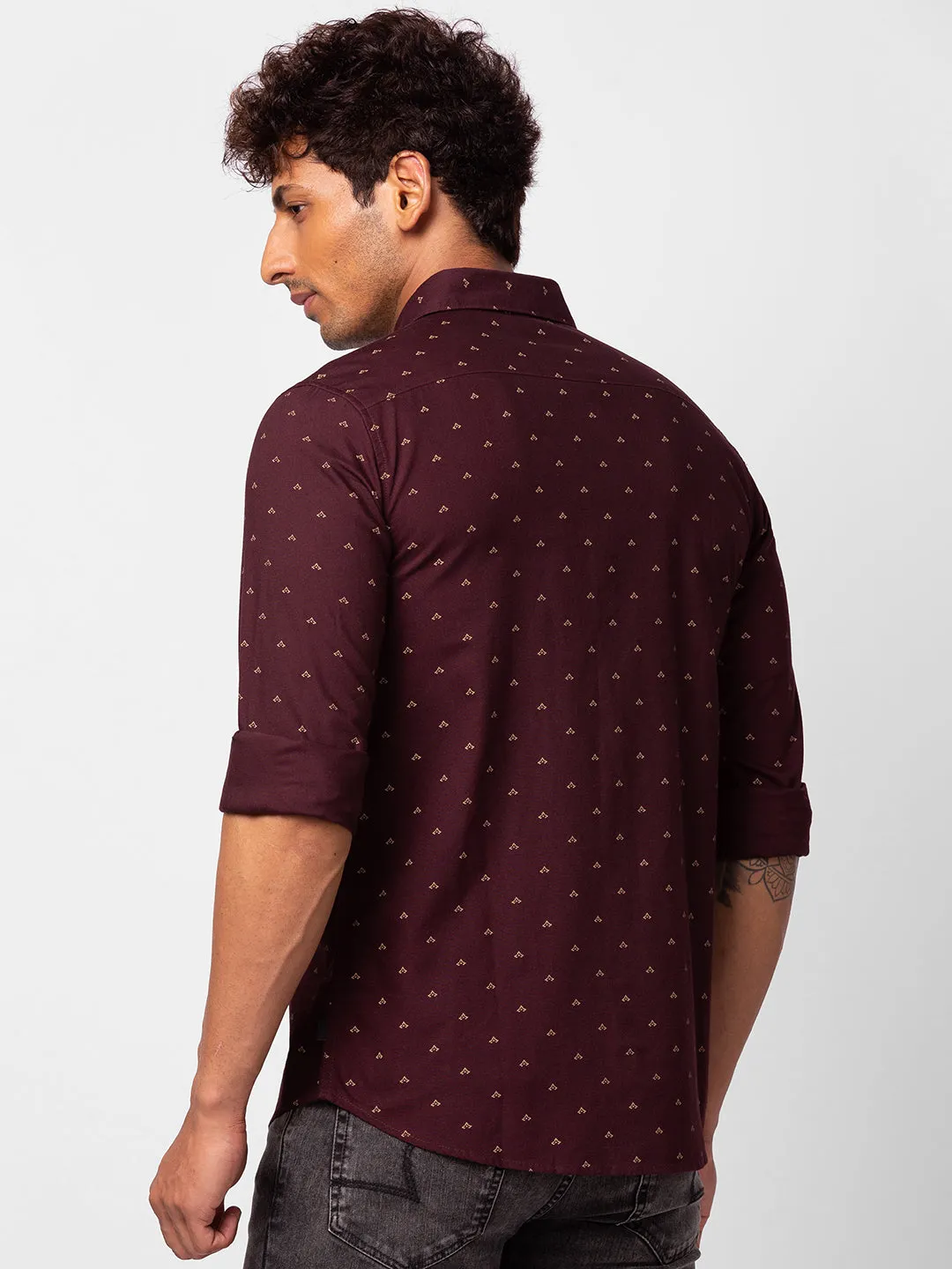 Spykar Men Wine Red Cotton Slim Fit Printed Shirt