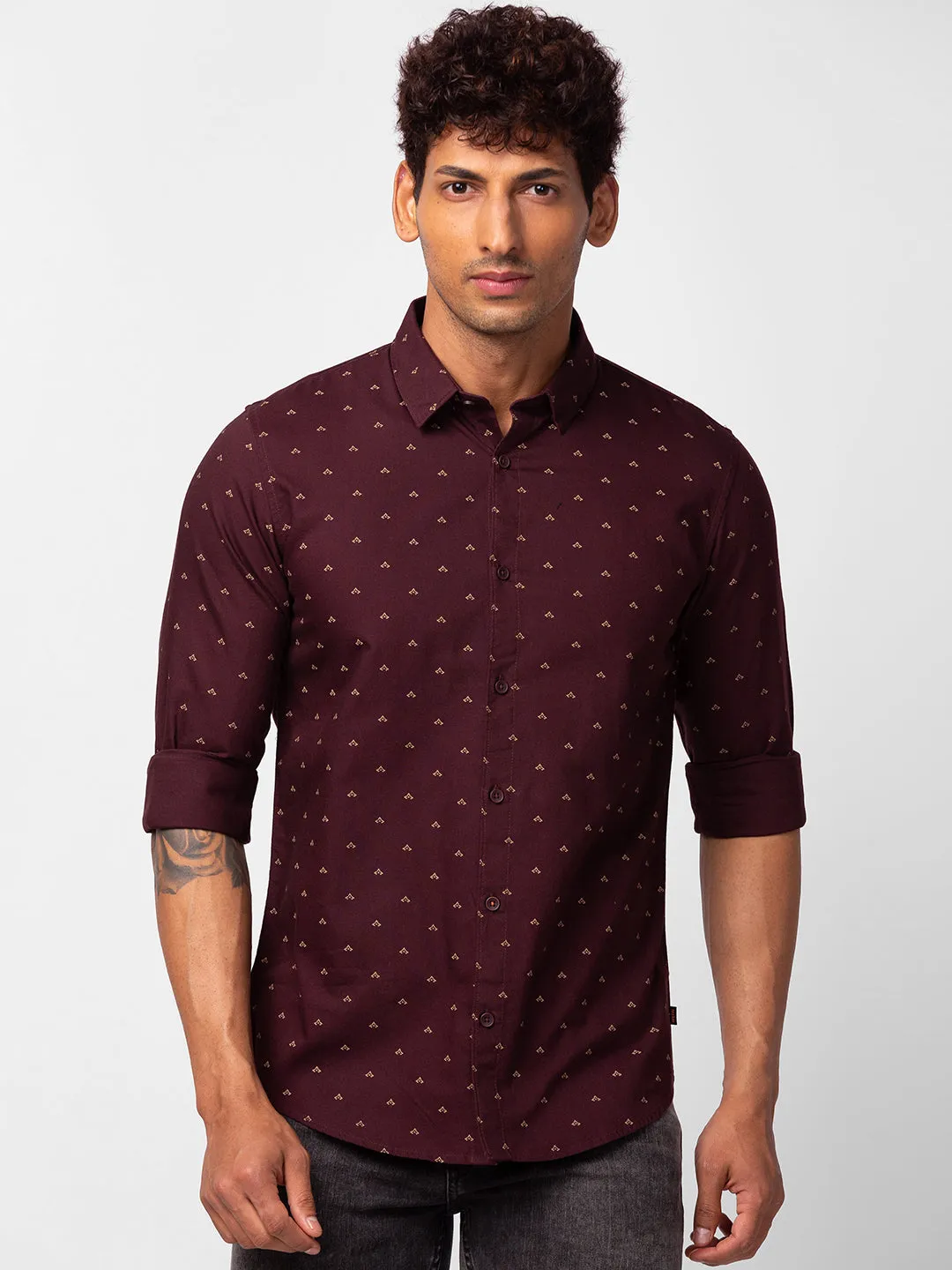 Spykar Men Wine Red Cotton Slim Fit Printed Shirt