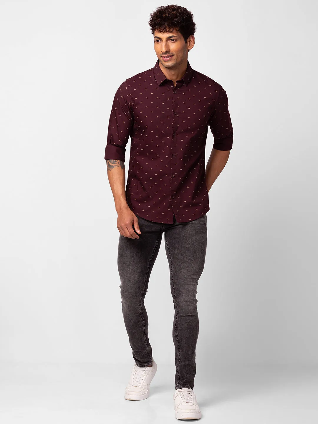 Spykar Men Wine Red Cotton Slim Fit Printed Shirt