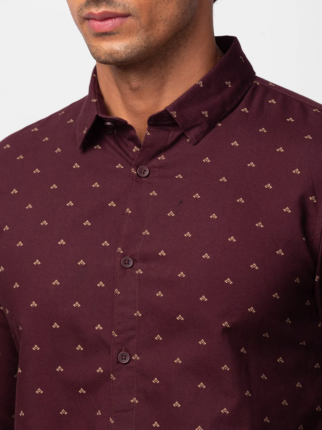 Spykar Men Wine Red Cotton Slim Fit Printed Shirt