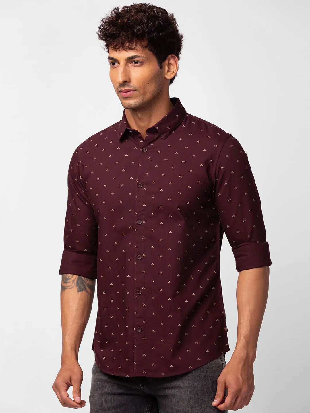 Spykar Men Wine Red Cotton Slim Fit Printed Shirt