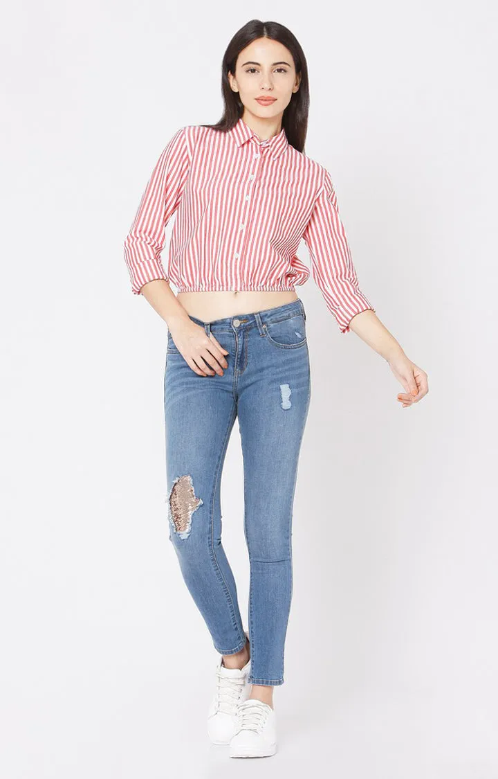 Spykar Slim Fit Red Cotton Women Shirt