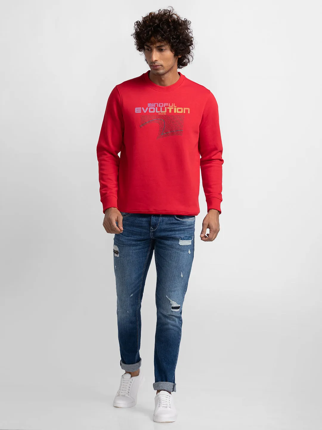 Spykar True Red Cotton Full Sleeve Round Neck Sweatshirt For Men