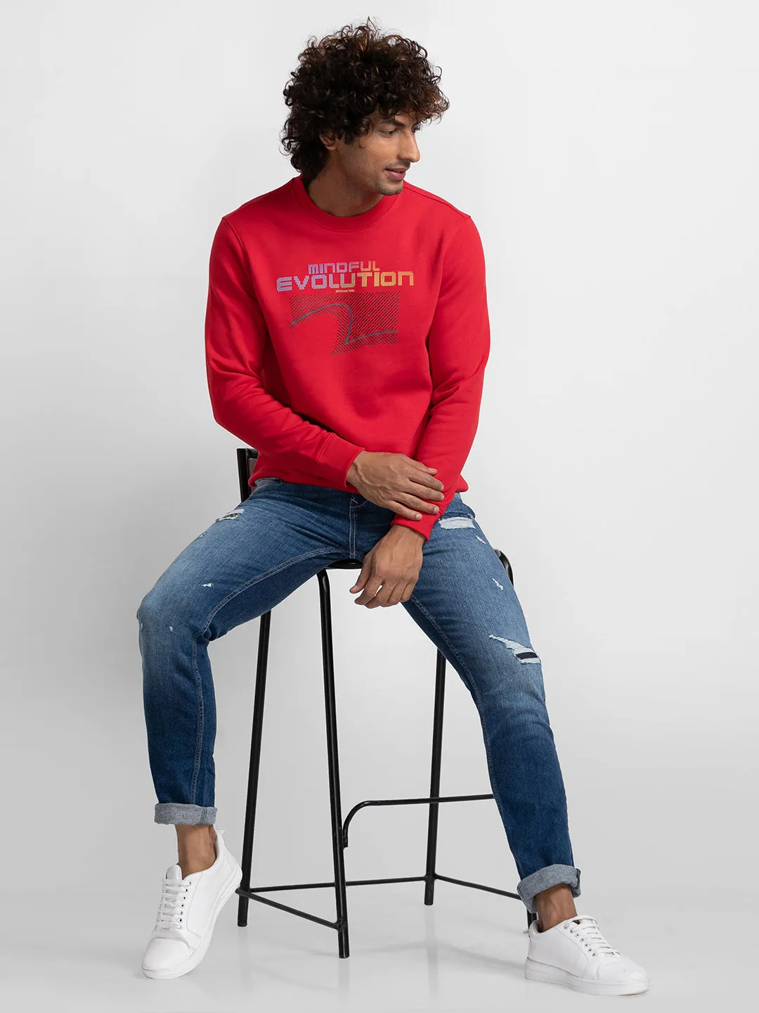 Spykar True Red Cotton Full Sleeve Round Neck Sweatshirt For Men