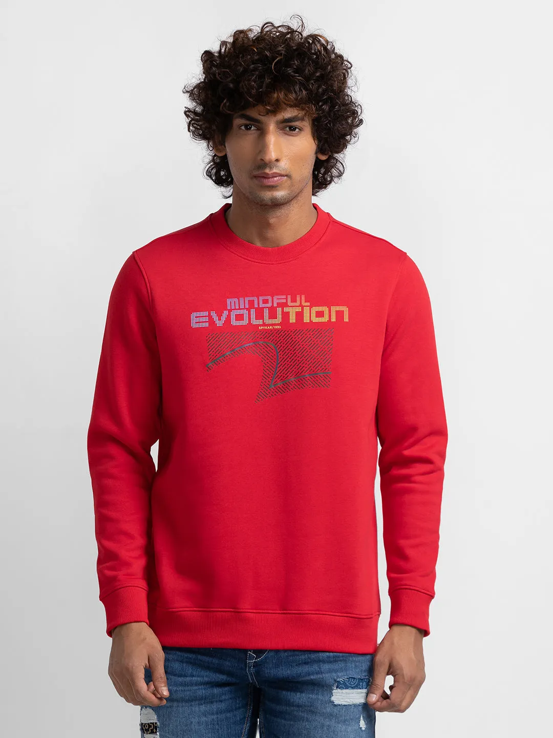 Spykar True Red Cotton Full Sleeve Round Neck Sweatshirt For Men