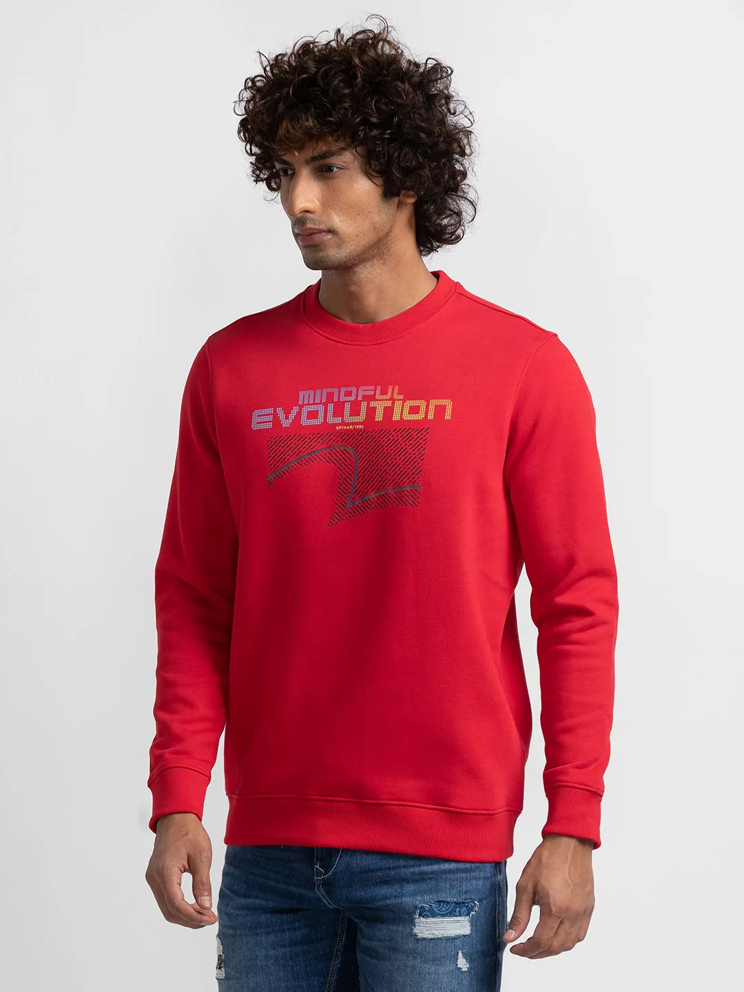 Spykar True Red Cotton Full Sleeve Round Neck Sweatshirt For Men