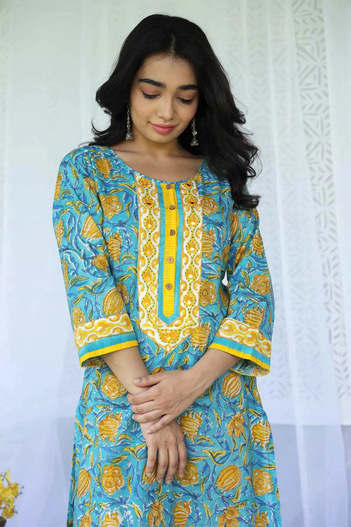 Straight Fit Hand Block Printed Kurta In Firozi Blue Color