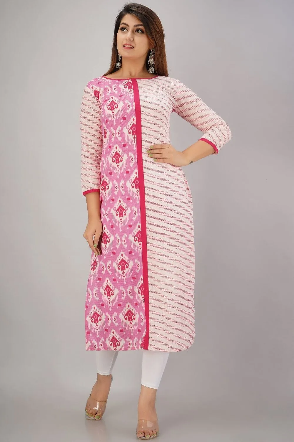 SVARCHI Women's Cotton Cambric Geometric Printed Straight Kurta (Pink)