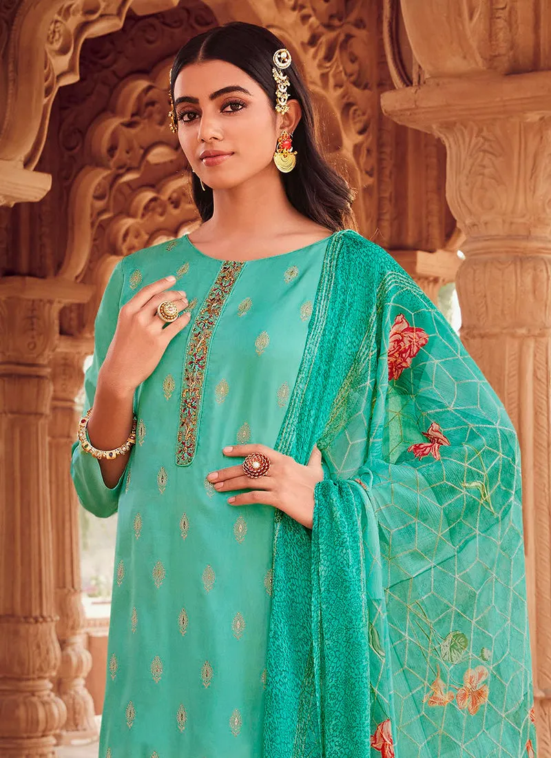 Teal Blue Handwork Embroidery Traditional Pant Style Suit