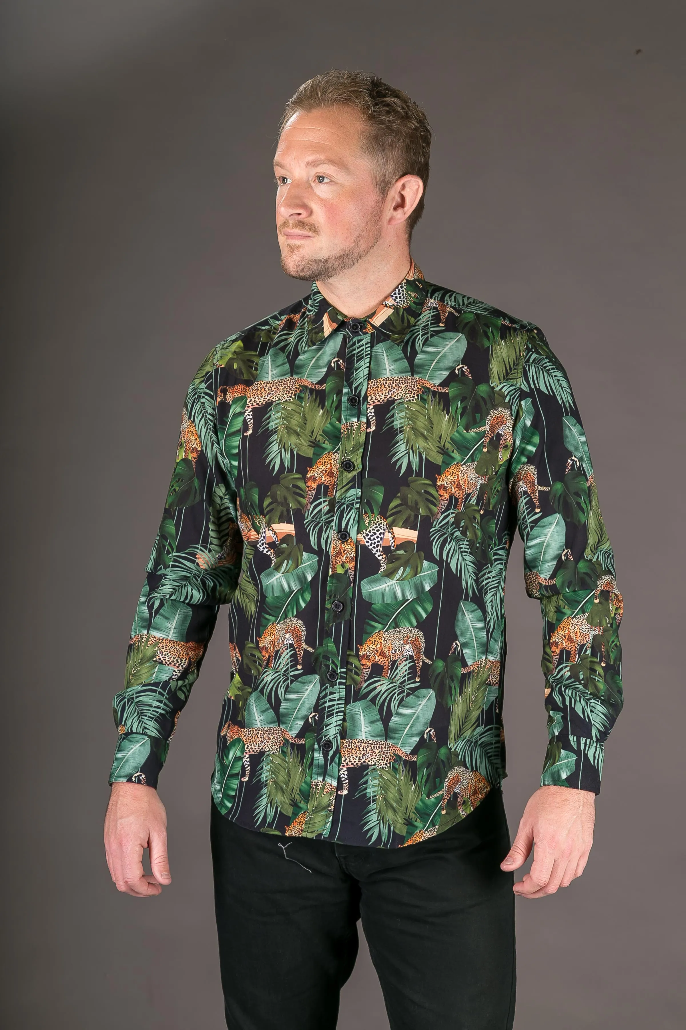 Tiger Floral Black Print Cotton Slim Fit Mens Shirt Long Sleeve