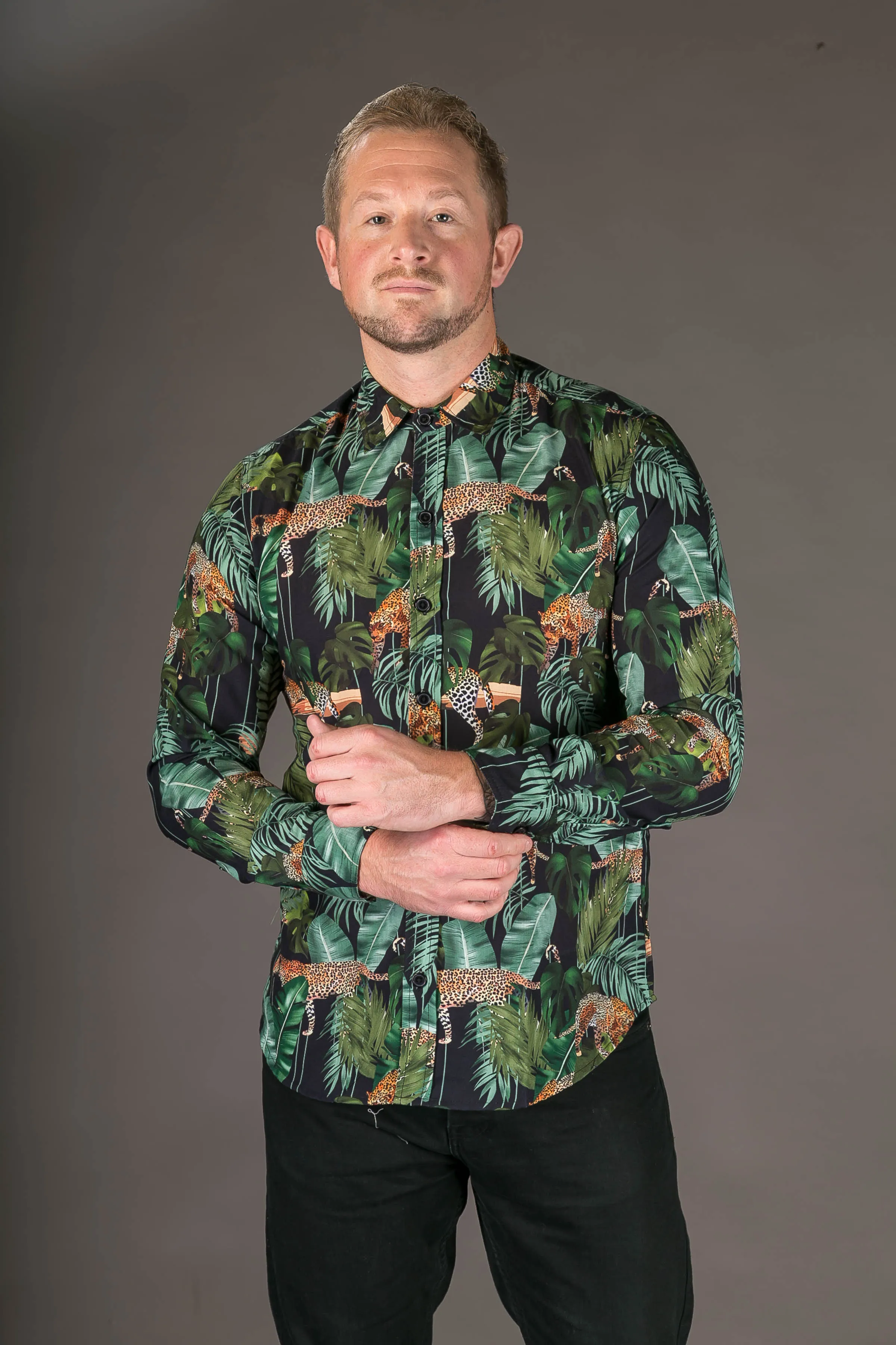 Tiger Floral Black Print Cotton Slim Fit Mens Shirt Long Sleeve