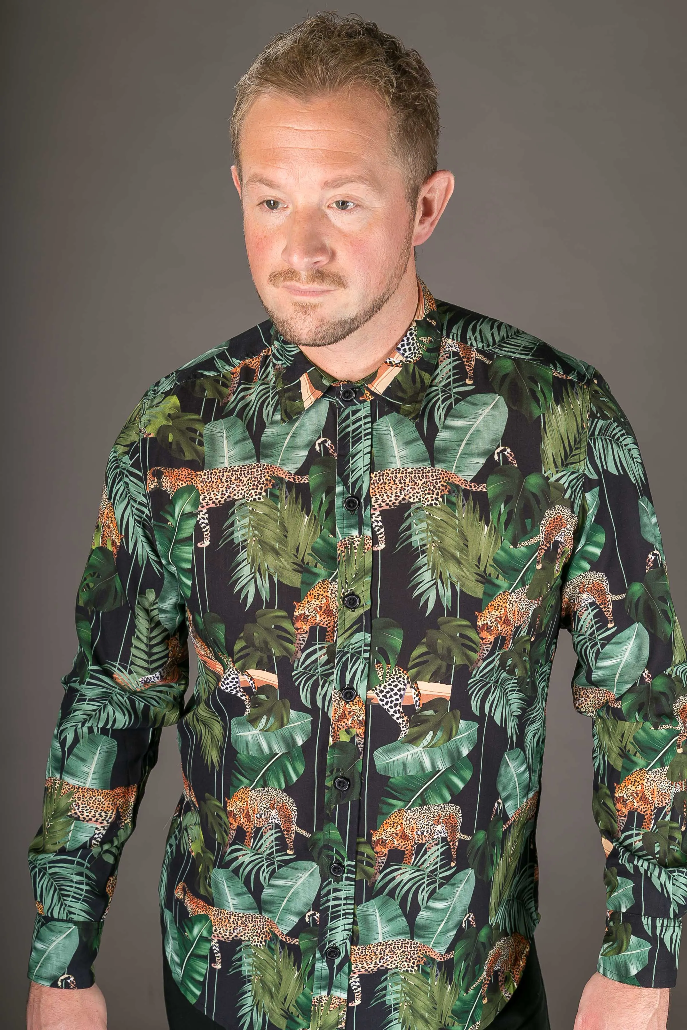 Tiger Floral Black Print Cotton Slim Fit Mens Shirt Long Sleeve