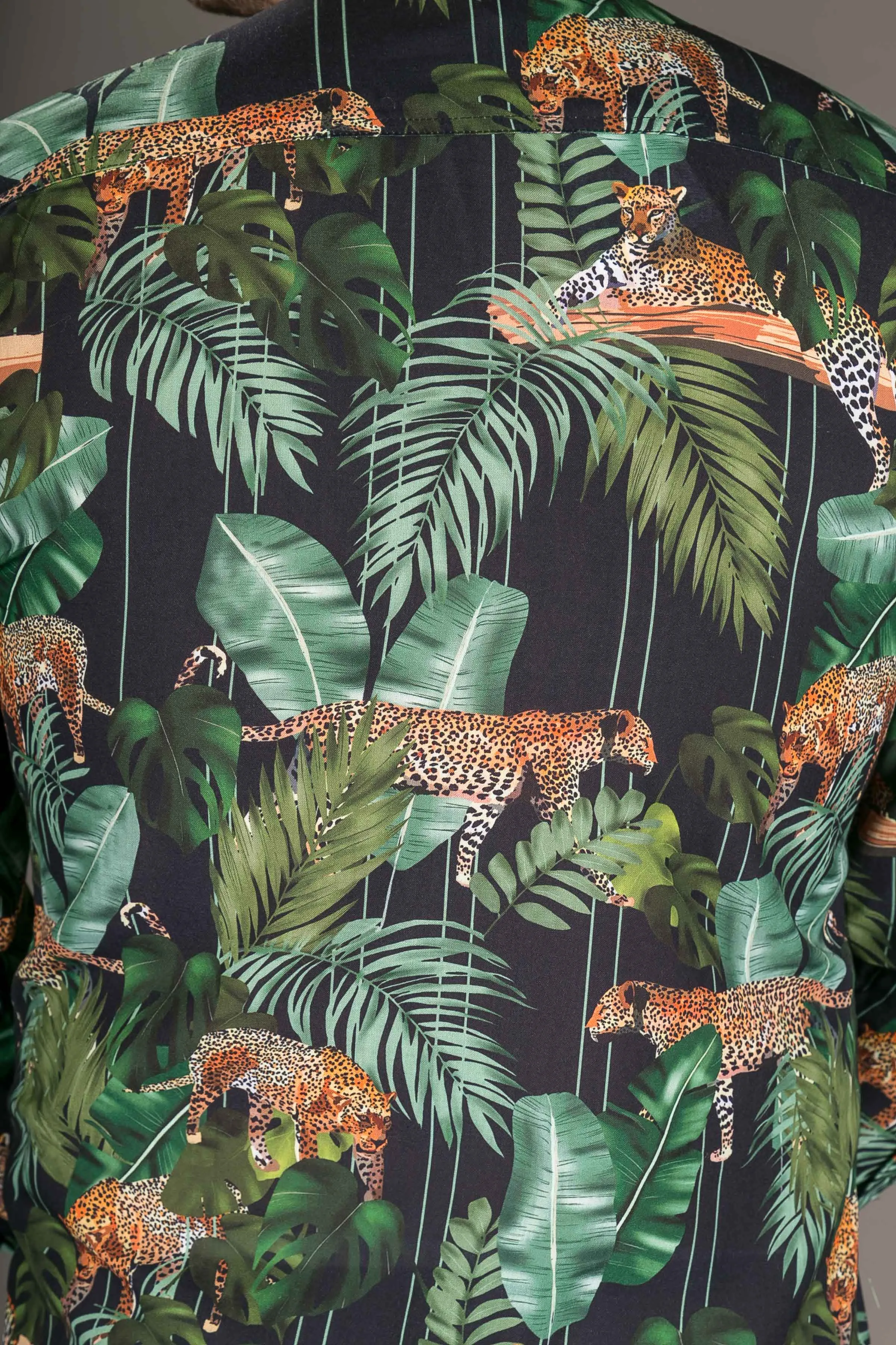 Tiger Floral Black Print Cotton Slim Fit Mens Shirt Long Sleeve