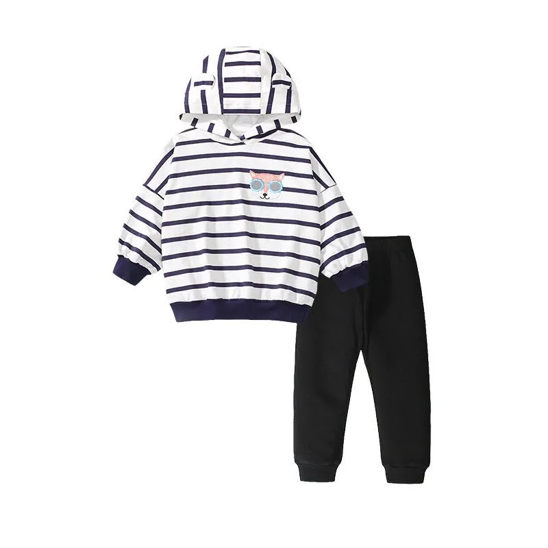 Toddler/Kid Girl Fox Embroidery Design Striped Sweatshirt with Pants Set