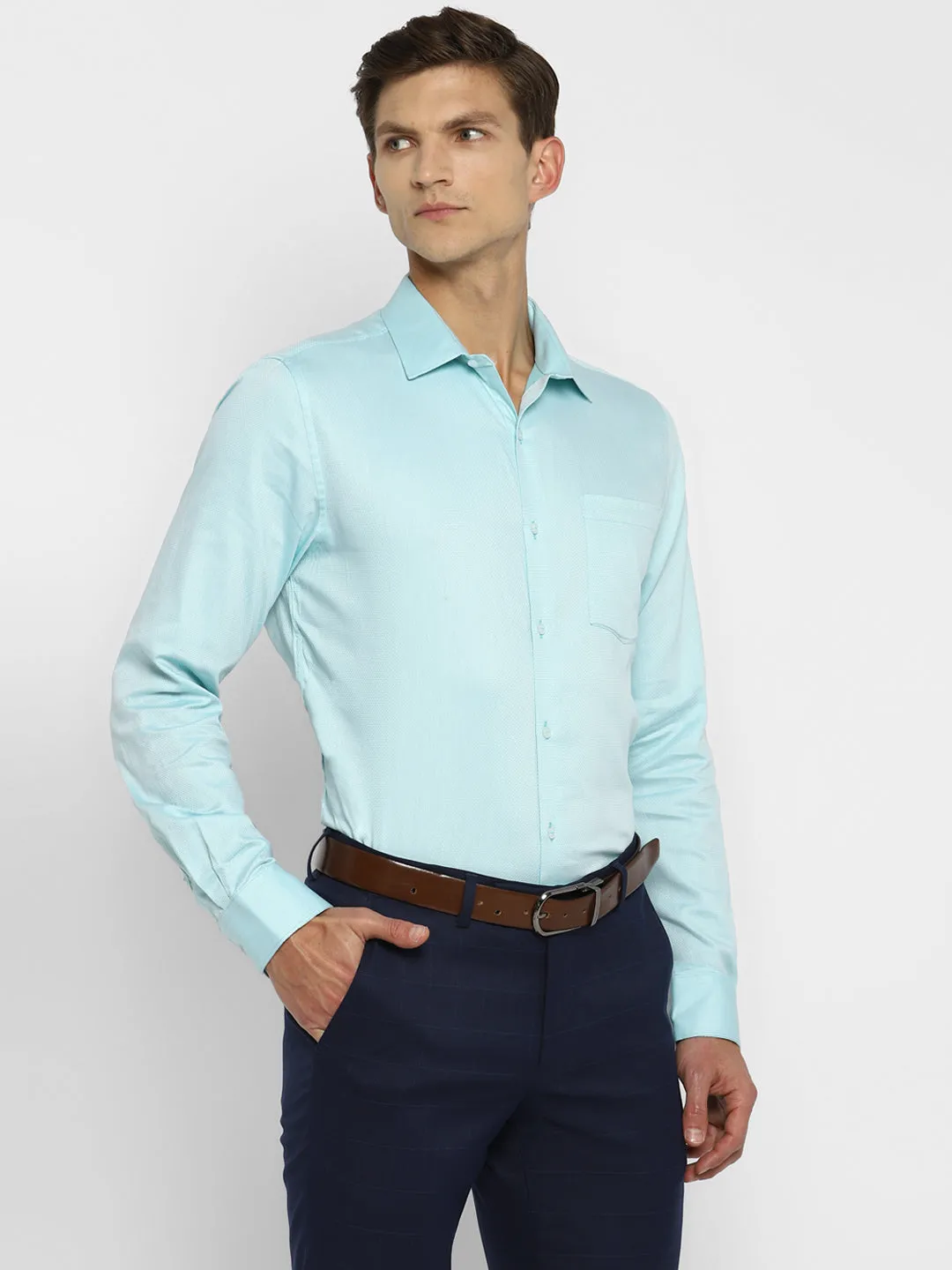 Turquoise Blue Cotton Self Design Slim Fit Shirts