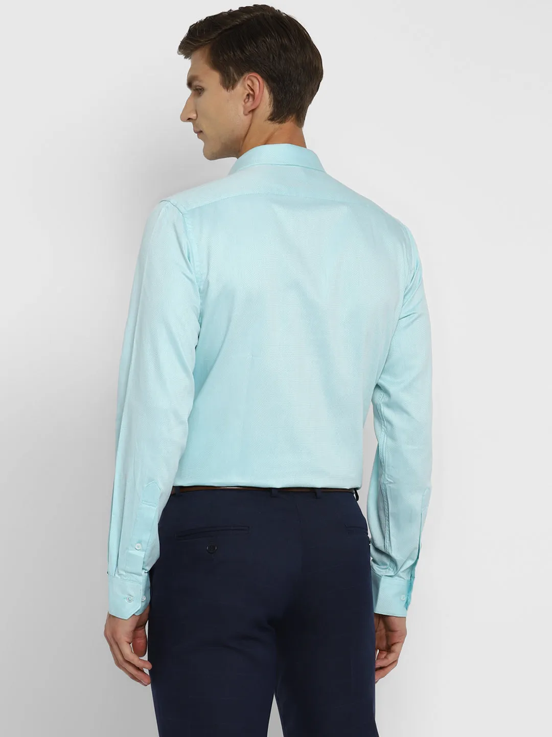 Turquoise Blue Cotton Self Design Slim Fit Shirts