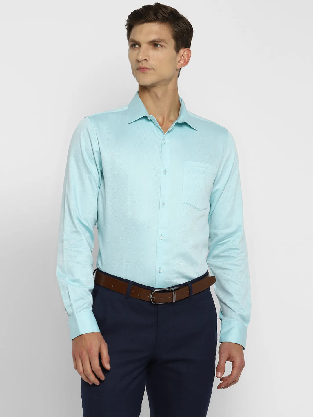 Turquoise Blue Cotton Self Design Slim Fit Shirts