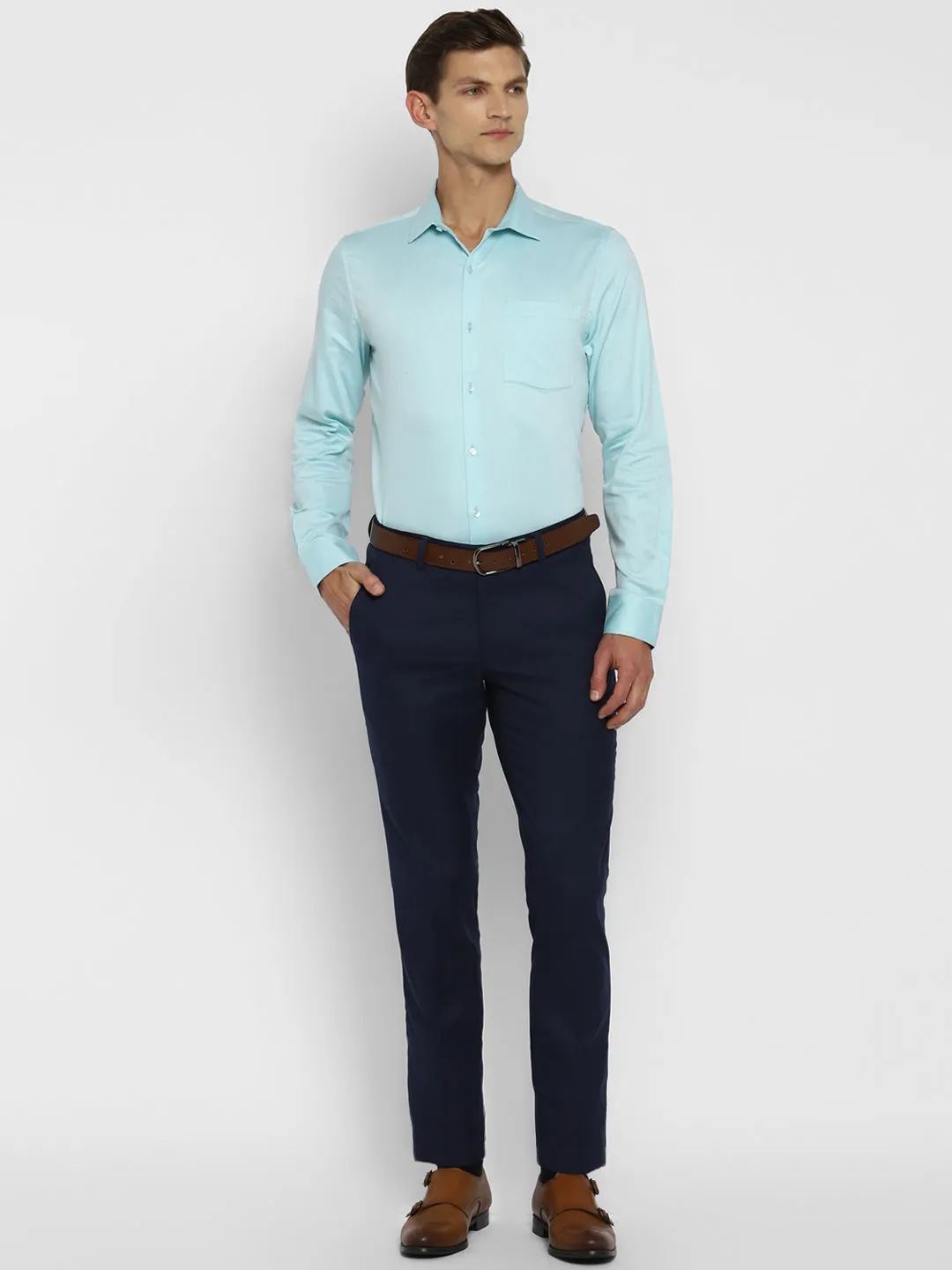 Turquoise Blue Cotton Self Design Slim Fit Shirts