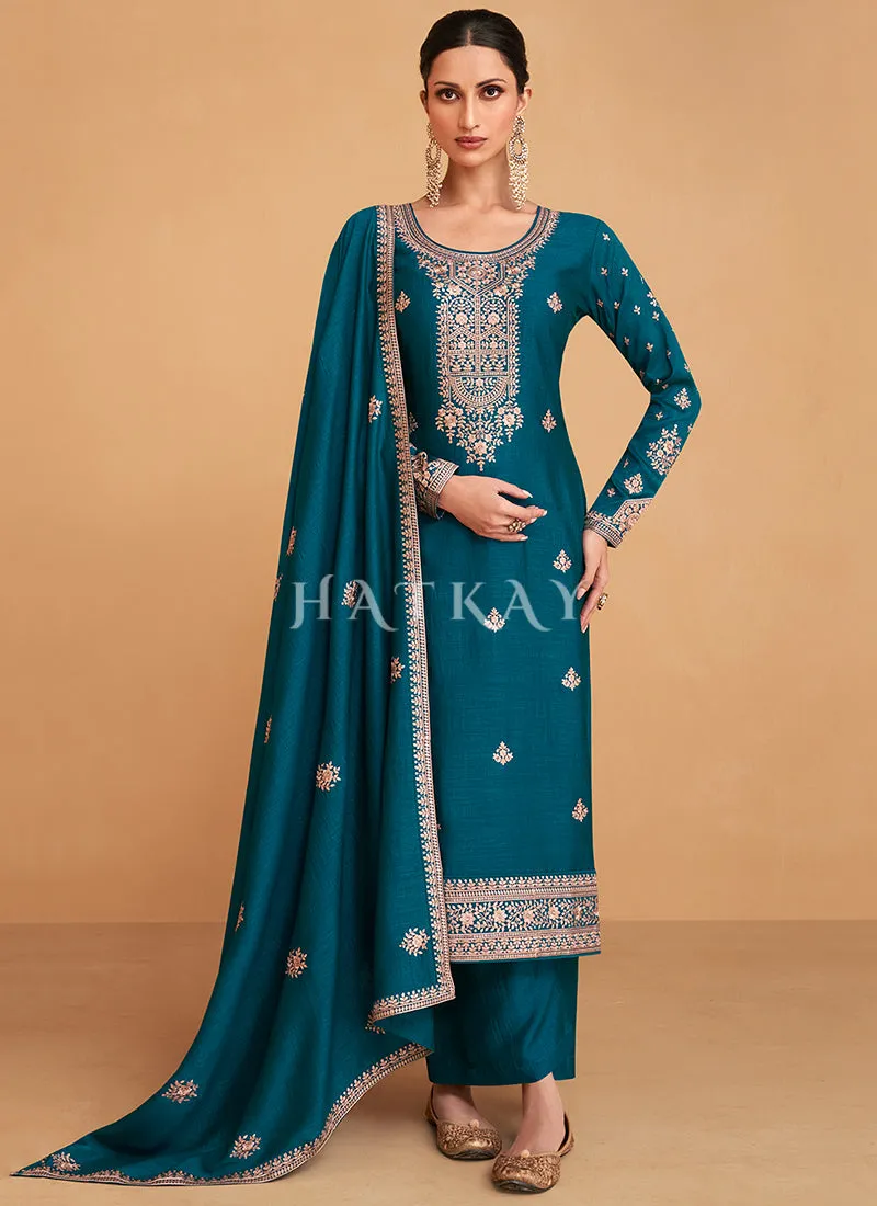 Turquoise Embroidery Silk Salwar Kameez