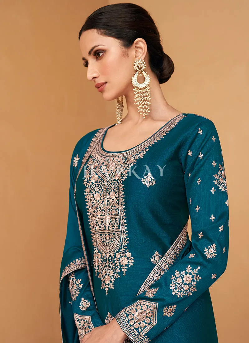 Turquoise Embroidery Silk Salwar Kameez