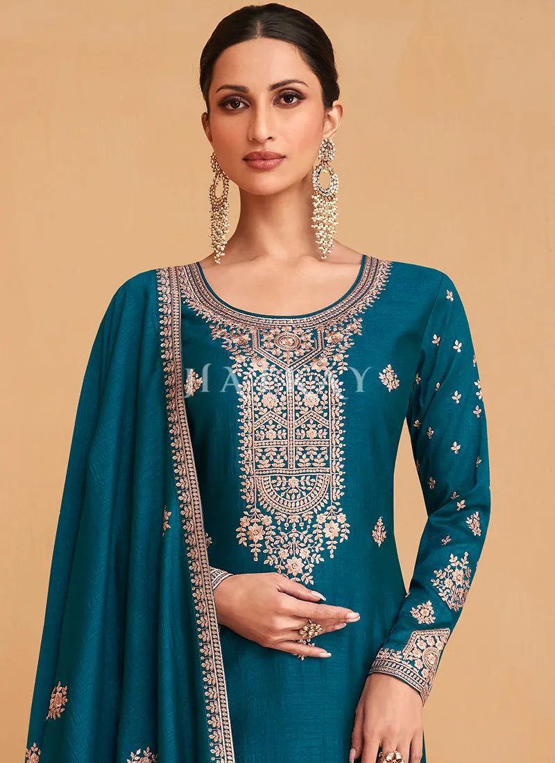 Turquoise Embroidery Silk Salwar Kameez