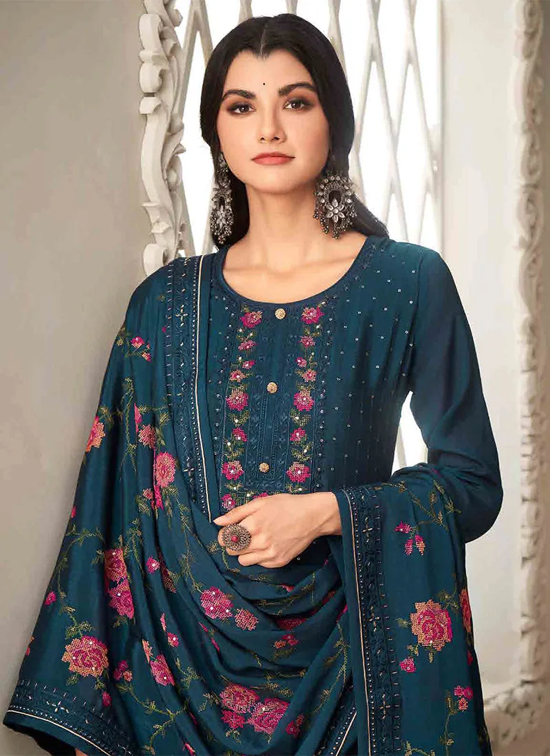 Turquoise Floral Embroidery Traditional Salwar Kameez