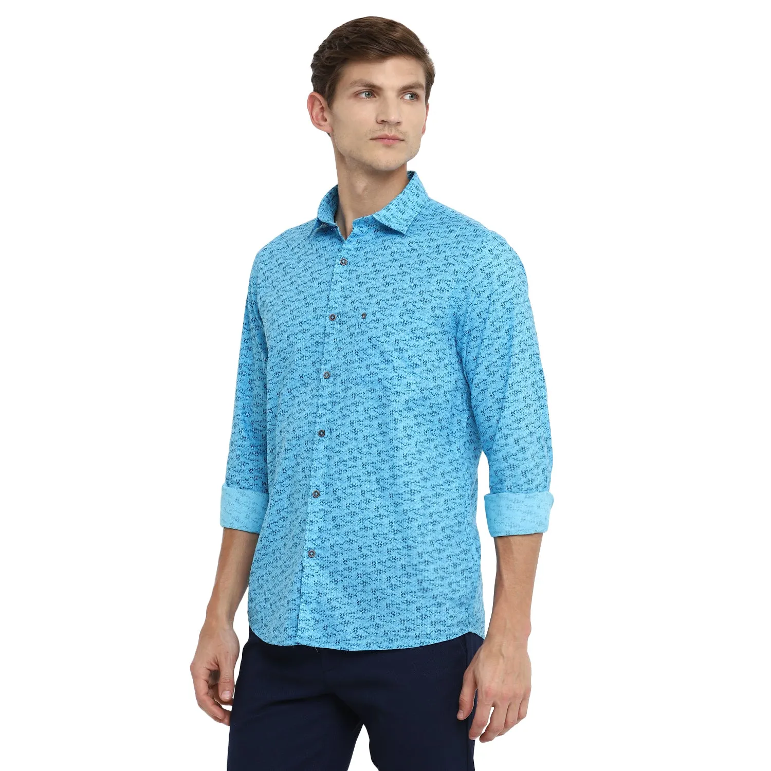 Turtle Men Aqua Blue Cotton Printed Slim Fit Shirts