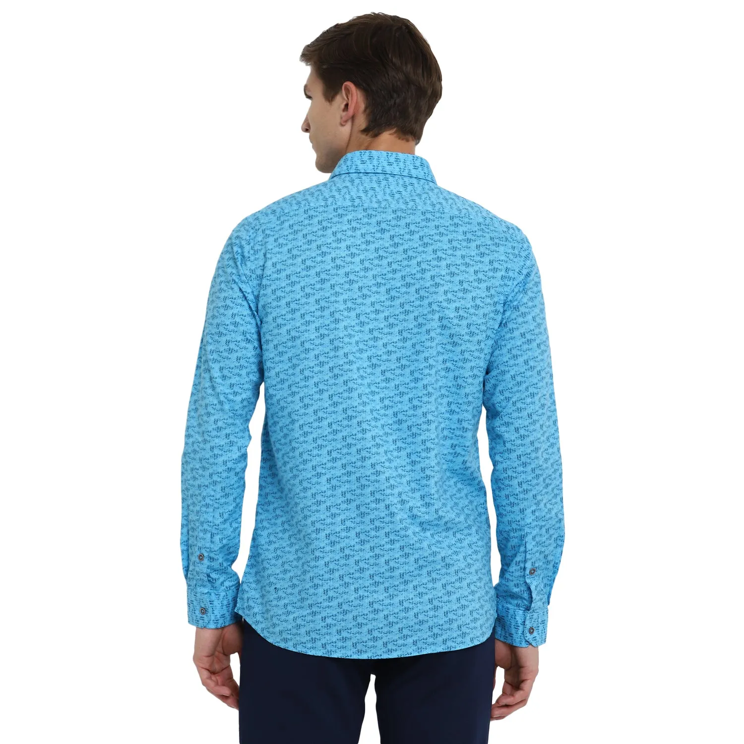 Turtle Men Aqua Blue Cotton Printed Slim Fit Shirts