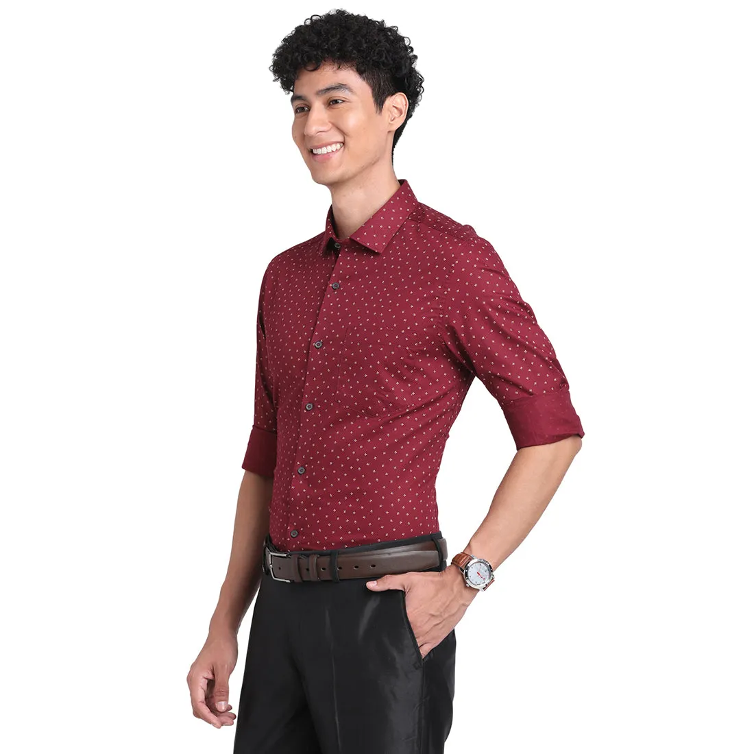 Turtle Men Pure Cotton Maroon Printed Slim Fit Formal Shirts