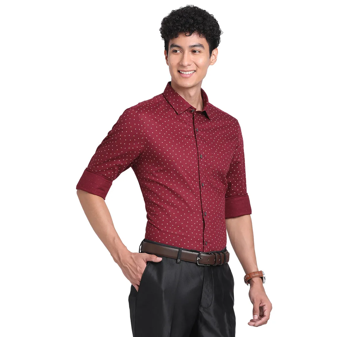 Turtle Men Pure Cotton Maroon Printed Slim Fit Formal Shirts