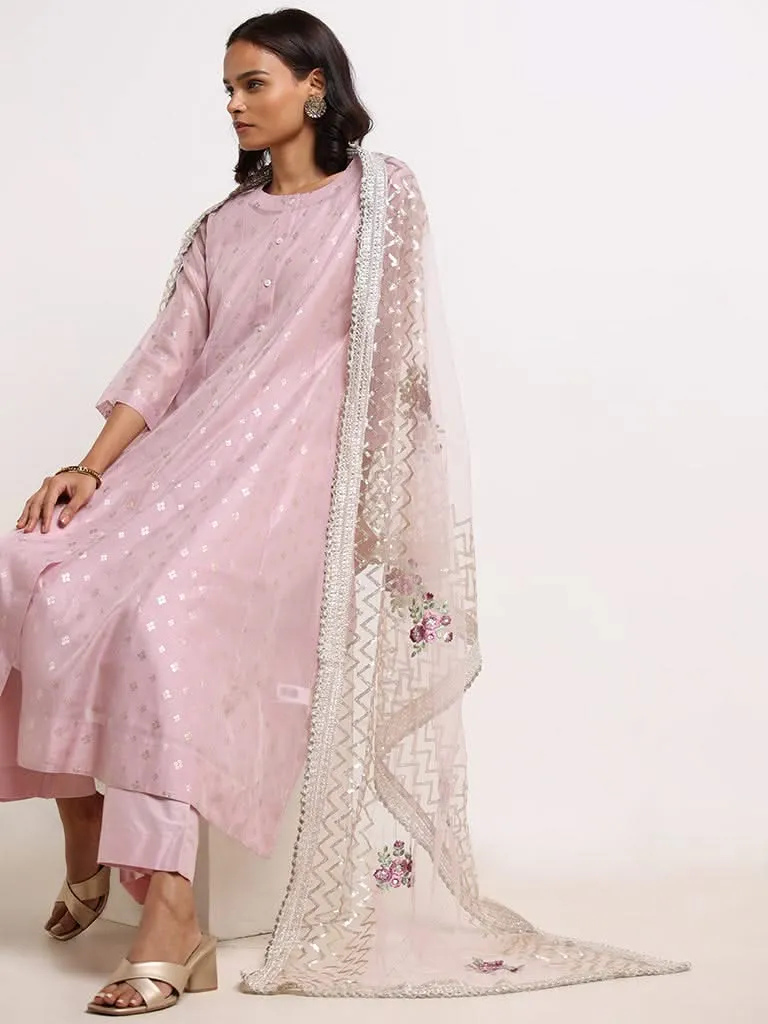 Vark Lilac Embroidered Kurta, Inner, Pants & Dupatta Set