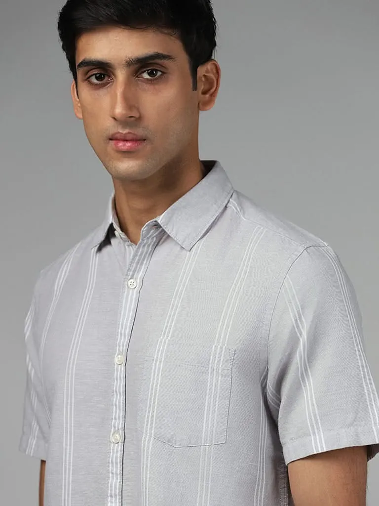 WES Casuals Light Grey Striped Slim-Fit Blended Linen Shirt