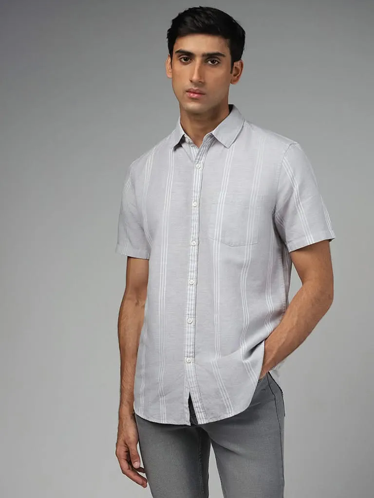 WES Casuals Light Grey Striped Slim-Fit Blended Linen Shirt