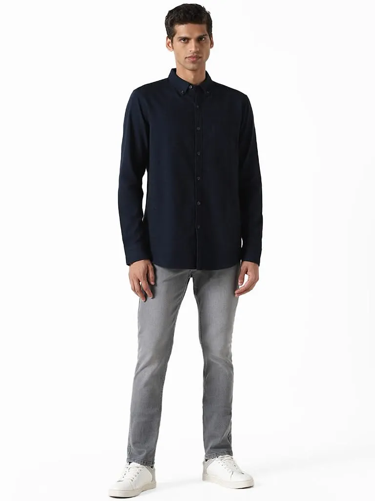 WES Casuals Solid Navy Blue Slim-Fit Shirt